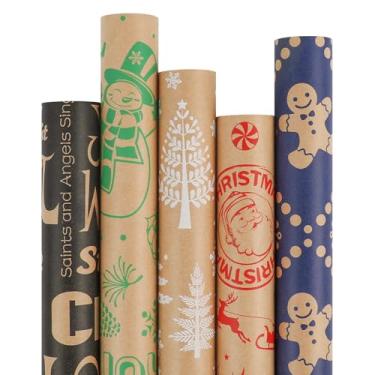 Imagem de WRAP STORM Papel de embrulho de Natal – 5 rolos kraft 43 x 304 cm com desenhos vintage – bonecos de neve, árvores, carimbos – embrulho para presente de Natal e Natal
