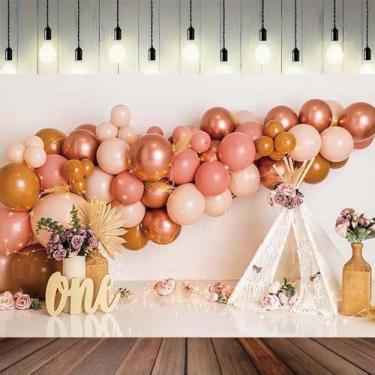 Imagem de Barraca Boho Rosa Balões Floral Boêmio Menina 1º Aniversário Fotografia Fundo Decorações de Primeiro Aniversário para Menina Bolo Quebra Pano de Fundo Boêmio Pampas Grama Decorações de Festa, 1,5 x