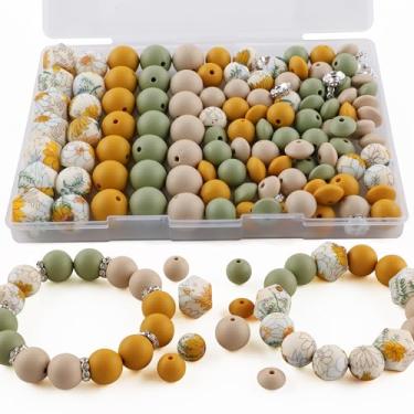 Imagem de Kovict 117 peças de contas de silicone de 12 mm e 15 mm para fabricação de chaveiros, estampa floral redonda hexagonal, espaçador de strass Rondelle, contas de silicone de lentilha para canetas