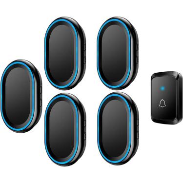 Imagem de Campainha Sem Fio, Campainha De Porta à Prova D'água Ip44 Com Alcance De 1000 Pés, 58 Toques, Volume De 4 Níveis E Luz Azul, 1 Botão De Pressão, 5 Receptores Plug-in, Black