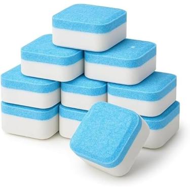 Imagem de Kit 10 Pastilhas Limpadoras para Máquina de Lavar Remove Mau Cheiro, Limpeza Profunda, Proteção 12 Meses, Compatível com Todas as Máquinas, Tampa Frontal e Superior
