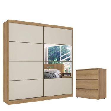 Imagem de Guarda Roupa Casal Malaga Glass 2 Portas Capuccino Off White Acetinado E Cômoda Gaveteiro Condessa Capuccino - Thb