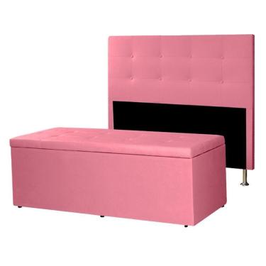 Imagem de Kit Cabeceira E Calçadeira Baú Casal Queen 1,60m Berlim Suede Rosa Dal Poz Estofados