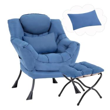 Imagem de Furlide Cadeira preguiçosa com otomano, espreguiçadeira moderna com almofada lombar, poltrona de leitura aconchegante e apoio para pés dobrável para quarto, dormitório, sala de estar, azul pavão