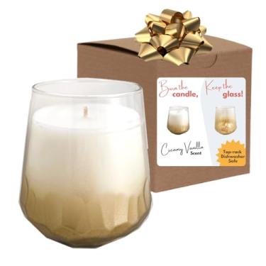 Imagem de Cheers Candleware Vela de taça de vinho 400 ml, aroma cremoso de baunilha, lembrança de taça de vinho ombré dourada sem haste, presente exclusivo, presentes para mulheres