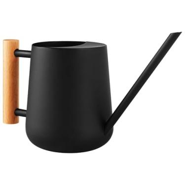 Imagem de Regador de aço inoxidável de 1000 ml com bico longo, cabo de madeira, preto fosco para bonsai e plantas de interior
