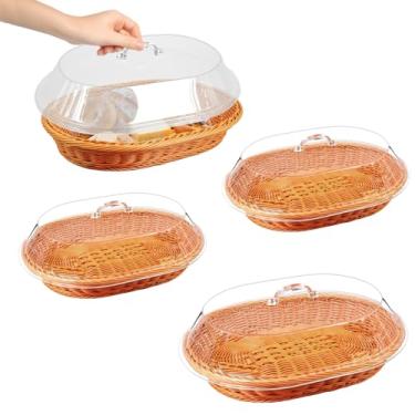 Imagem de LECEHIVO Conjunto de 4 cestas de imitação de pão de vime com tampa, cestas ovais de alimentos com tampa para servir frutas tecidas no Dia Mundial de Cozimento (33,58 x 24,5 cm 35,5 x 29,81 cm)
