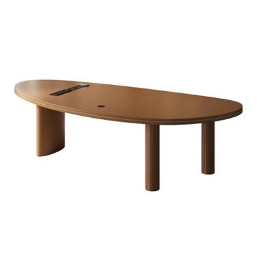 Imagem de Mesa de trabalho Estação de trabalho moderna couro marrom com tampo manga e 3 pernas, tomadas carregamento multifuncionais(L)