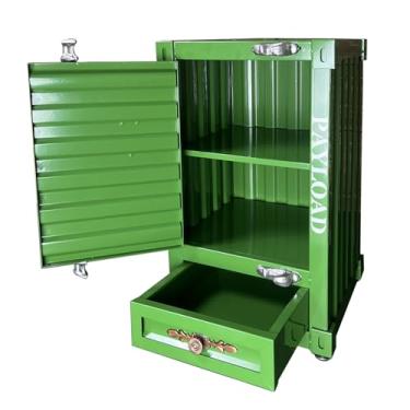 Imagem de Runeqxar Mesa lateral de recipiente de metal industrial – mesa de cabeceira de 3 camadas de ferro de 50,8 cm com gavetas retrô armário de transporte de ferro para bar/quarto/garagem (verde)
