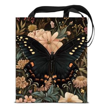 Imagem de KSFFWQIN Bolsa feminina de lona com estampa de borboleta preta estética floral escura academia reutilizável para compras, trabalho, praia, viagem, academia, bruxa
