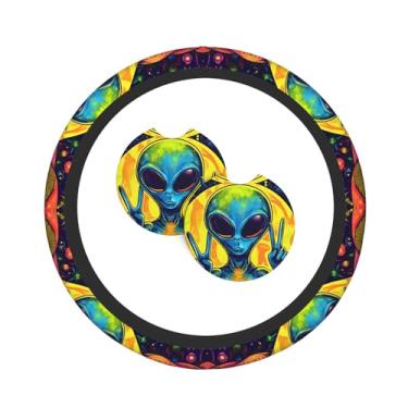 Imagem de Alien Peace Conjunto de 3 peças de decoração de capa de volante com 2 porta-copos, conjunto de interior de carro universal antiderrapante e confortável – serve para volantes de 35 a 38 cm para carros