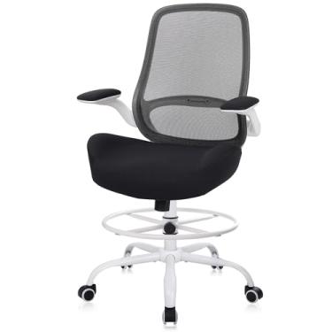Imagem de HYLONE Cadeira de desenho, cadeira de escritório alta com apoios de braços flip-up, cadeira ergonômica para computador com suporte lombar ajustável para apoio para os pés, anel de malha (branco e