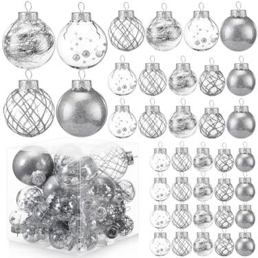 Imagem de Civaner Conjunto de 43 peças de enfeites de bolas transparentes de Natal prateadas de plástico à prova de estilhaçamento com glitter decorativo, bolas de Natal com 5 estilos de pelúcia em 4 tamanhos