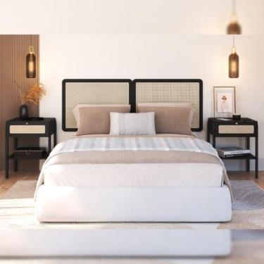 Imagem de Cabeceira Queen 160cm e 2 Mesas Laterais 1 Gaveta Madeira Moss A03 Nero Preto- Lyam Decor