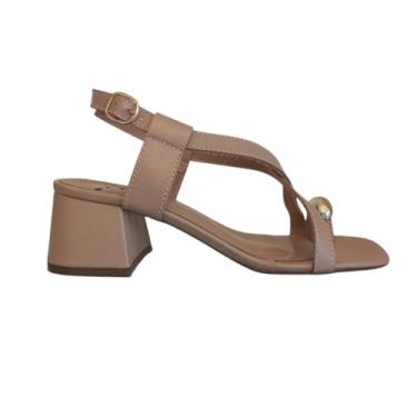 Imagem de QR Shoes, Sandália Feminina em Couro Nude Tiras Salto Médio Grosso Dedo Cor:Bege;Tamanho:35