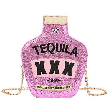 Imagem de Fozehlad Novidade Bolsa tiracolo de tequila para mulheres, em forma de garrafa, bolsa elegante para noite para meninas, rosa, One Size