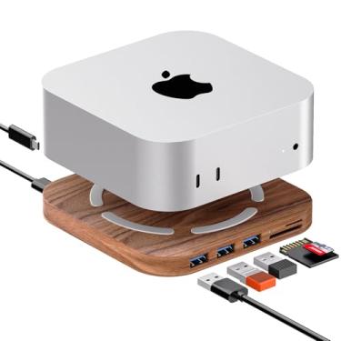 Imagem de AODUKE Suporte de base Mac Mini M4 de madeira de nogueira, acessórios para Mac Mini M4, Mac Mini M4 Pro HUB, estação de ancoragem MacMini2024 com 2x USB3.0 5Gbps, leitores de cartão SD3.0/TF3.0 - AJM4