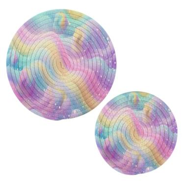 Imagem de Blueangle 2 peças de suporte de panela para sorvete arco-íris - conjunto de pegadores de panela de tecido redondo - almofadas quentes trançadas de algodão - porta-copos - tapetes de mesa para cozinhar