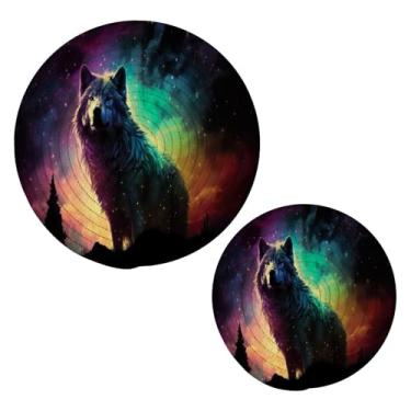 Imagem de KEEPREAL Dreamscapes Wolf Trivets para pratos quentes - Conjunto de 2 peças de suportes de panela de algodão trançado resistente ao calor - porta-copos redondos para cozinhar, assar #130