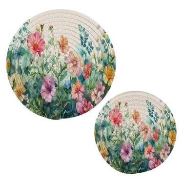 Imagem de Blueangle 2 peças de suporte de panela para jardim de verão em aquarela - conjunto de pegadores de panela de tecido redondo - almofadas quentes trançadas de algodão - porta-copos - tapetes de mesa