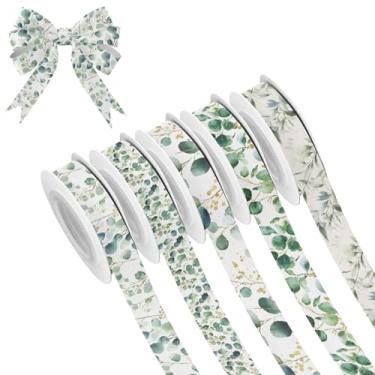 Imagem de SEHANY 5 rolos de fita de Natal 0,59 polegadas 5 jardas folhas verdes fitas de tecido festival fitas de cetim fitas decorativas de Natal para embrulho de presente faça você mesmo artesanato grinalda