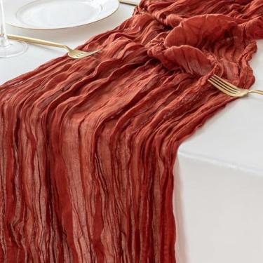 Imagem de Caminho de mesa de gaze 35,4 x 70,9 polegadas Boho Caminhos de mesa de gaze enrugados para decoração de festa de casamento corredor em verde/vermelho/bege