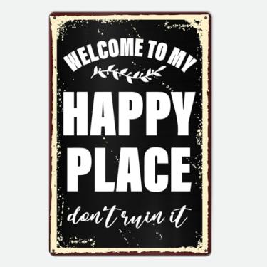 Imagem de Placa de boas-vindas para porta da frente, Welcome to My Happy Place, placa de metal para escritório em casa, quarto, cozinha, jantar ou decoração de bar, 20 x 30 cm