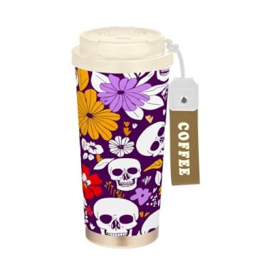 Imagem de STAYTOP Caneca de café de viagem com isolamento de caveira fofa de 500 ml, copo de café reutilizável de aço inoxidável com tampa flip à prova de vazamento à prova de vazamento para escritório, escola