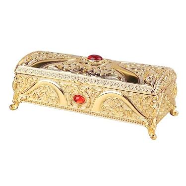 Imagem de Caixa de joias de metal vintage elegante caixa de bugigangas retangular com padrão delicado forro de veludo macio armazenamento de grande capacidade para anéis brincos colares (Ouro)