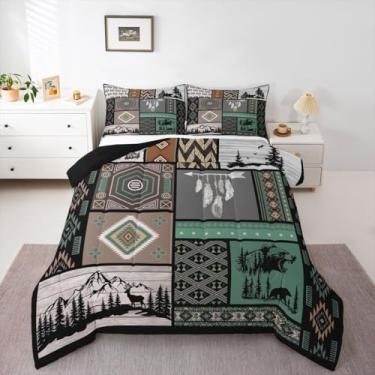 Imagem de Feelyou Conjunto de cama rústico de urso, macio para meninos e meninas, retrô, boêmio, Queen, casa de fazenda, cabana de caça, cervo, edredom de microfibra, xadrez, búfalo, 3 peças com 2 fronhas