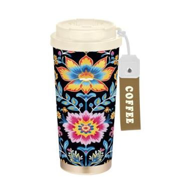Imagem de Wassud Caneca de café de viagem isolada com flores coloridas copo à prova de vazamento com tampa e canudo garrafa de água de aço inoxidável para café quente/gelo, chá e cerveja