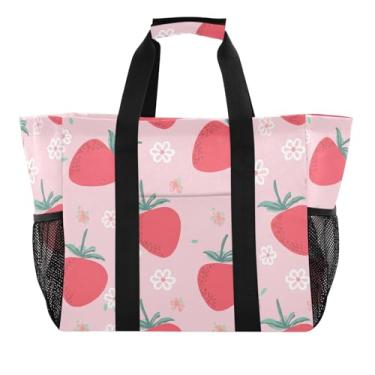 Imagem de Wassud Sacolas de compras reutilizáveis de morangos e flores grande bolsa organizadora de lona impermeável para praia, piquenique, lavanderia, viagem