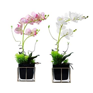 Imagem de LMJYU Flores artificiais e vaso orquídea artificial com vaso de vidro, orquídea de plástico Phalaenopsis, usada para casa, escritório, casamento, flores falsas, bonsai artificial
