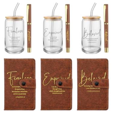 Imagem de AmazingSpark 9 peças de presente cristão a granel para mulheres e homens copos de vidro com tampa canudo versículo bíblico caderno de oração de couro com caneta esferográfica, presente religioso para