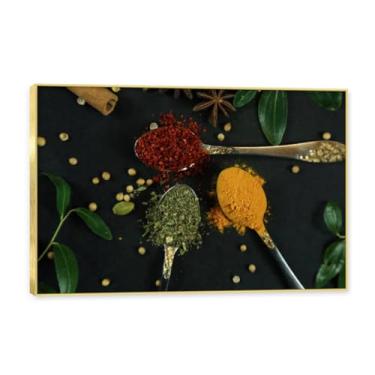 Imagem de NHLDZYH Moldura dourada. Arte de parede em tela de especiarias coloridas e colher de tempero | Decoração de cozinha vintage | Arte moderna para casa e sala de jantar. B20. 80 x 120 cm - 31,5 x 47,3