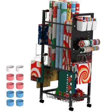 Imagem de Topbooc Organizador de papel de embrulho para presente com rodas e 10 faixas de tapa, estação de armazenamento de embrulho para presente com fita e armazenamento de saco de presente, carrinho de