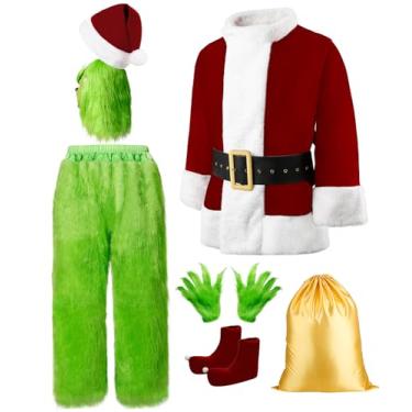 Imagem de Make you perfect Terno de Papai Noel verde masculino - 8 peças, fantasia engraçada de Papai Noel com máscara, roupa de Papai Noel de pelúcia para Halloween e Natal (verde, GG)
