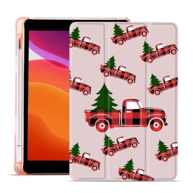 Imagem de MAYCARI Capa de Natal para iPad A16 11 polegadas 2025 com suporte para lápis, caminhões xadrez vermelhos originais árvores de Natal capa protetora traseira de TPU macio para iPad 10ª geração Auto