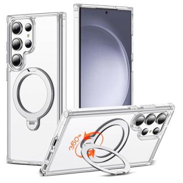 Imagem de RIASOLIN Capa compatível com Samsung Galaxy S23 Ultra com suporte de anel invisível giratório de 360°, compatível com Mag-Safe, capa de telefone transparente com ótima sensação de aderência para