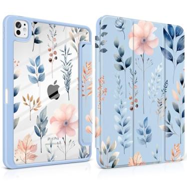 Imagem de Loyrina Capa para iPad Pro de 13 polegadas (M4) versão 2024, fina, leve, bonita, azul claro, com borda traseira transparente, suporte de lápis com três dobras, folhas desenhadas à mão