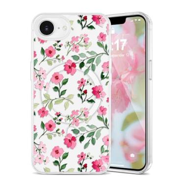 Imagem de EYZUTAK Capa magnética para iPhone 16e com flores compatível com MagSafe, bonita floral elegante estética capa protetora fina transparente antiamarelamento para meninas e mulheres - rosa vermelha