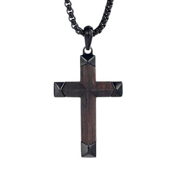 Imagem de GTMJ Colar de cruz de madeira para homens, corrente ajustável de aço inoxidável de nogueira norte-americana de 61 a 66 cm, joia cristã de presente para homens e mulheres, Medium, Aço inoxidável, Sem