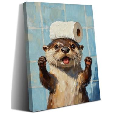 Imagem de LNLAGBO Arte de parede de banheiro de lontra, animal fofo, lontra segurando papel higiênico, impressão em tela, arte para banheiro, banheiro, banheiro, decoração de parede 30,5 x 40,6 cm