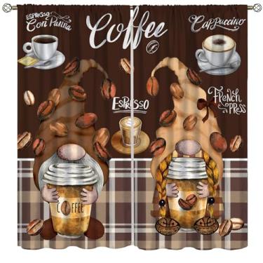 Imagem de SYZWWSYX Cortinas vintage de gnomo de café, tema retrô rústico de café latte, cappuccino, grãos de café, tratamento de janela marrom para cozinha, sala de estar, quarto, sala de jantar, 106 x 113 cm