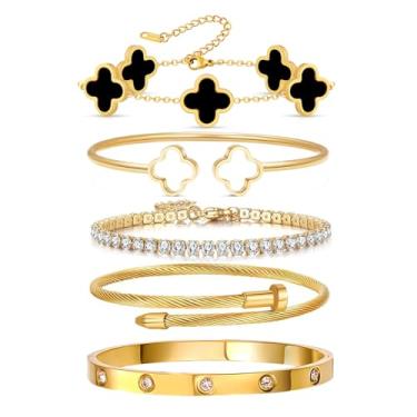 Imagem de Arthur Liu Conjunto de 5 pulseiras empilháveis de flores da sorte, One Size, Aço inoxidável, Zircônia cúbica