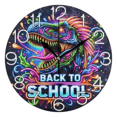 Imagem de GAIGEO Relógio de parede analógico de dinossauro colorido legal relógio de cozinha bonito estético silencioso sem tique-taque, decoração de parede de casa de fazenda moderna, 25 cm, ponteiros pretos