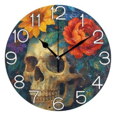 Imagem de GAIGEO Relógio de parede analógico decorativo redondo sem tique-taque silencioso relógio de cozinha rústico, arte de parede boho decoração de casa crânio engraçado flores coloridas, 25 cm, ponteiros
