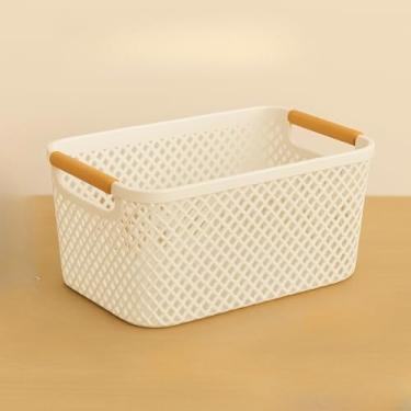 Imagem de Cesto Organizador de Plástico com Alça de Bambu – Multiuso para Cozinha e Banheiro(BRANCO CLEAN G-37cmx23cmx16cm)