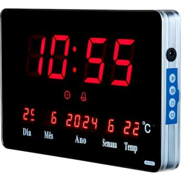 Imagem de Relógio Digital de Parede LED com Data, Temperatura e Alarme, Display Vermelho, 25x16x3cm, Preto, Bivolt