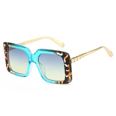 Imagem de HCHES Óculos de Sol Feminino Fashion com Degradê Bicolor e Hastes Metálicas, Proteção UV400 (Azul Cinza Chá)